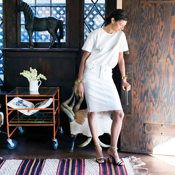 J. Crew Dresses & Skirts - J. Crew Raw-Edge Stretch Indigo Denim Pencil Skirt (size 26/S)